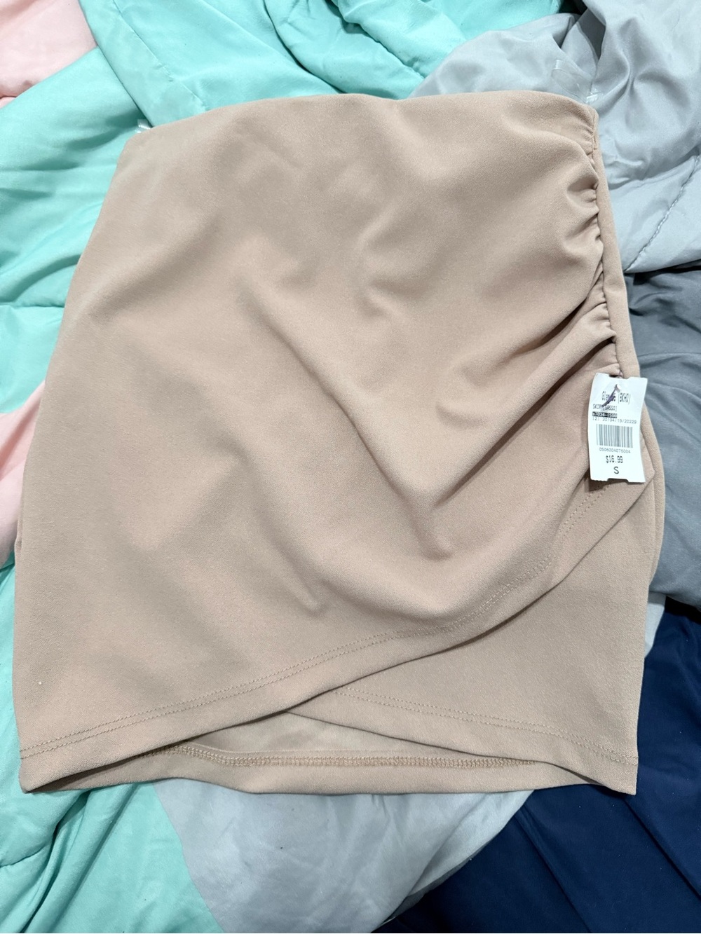 Classic Faux-Wrap Mini Skirt in Beige